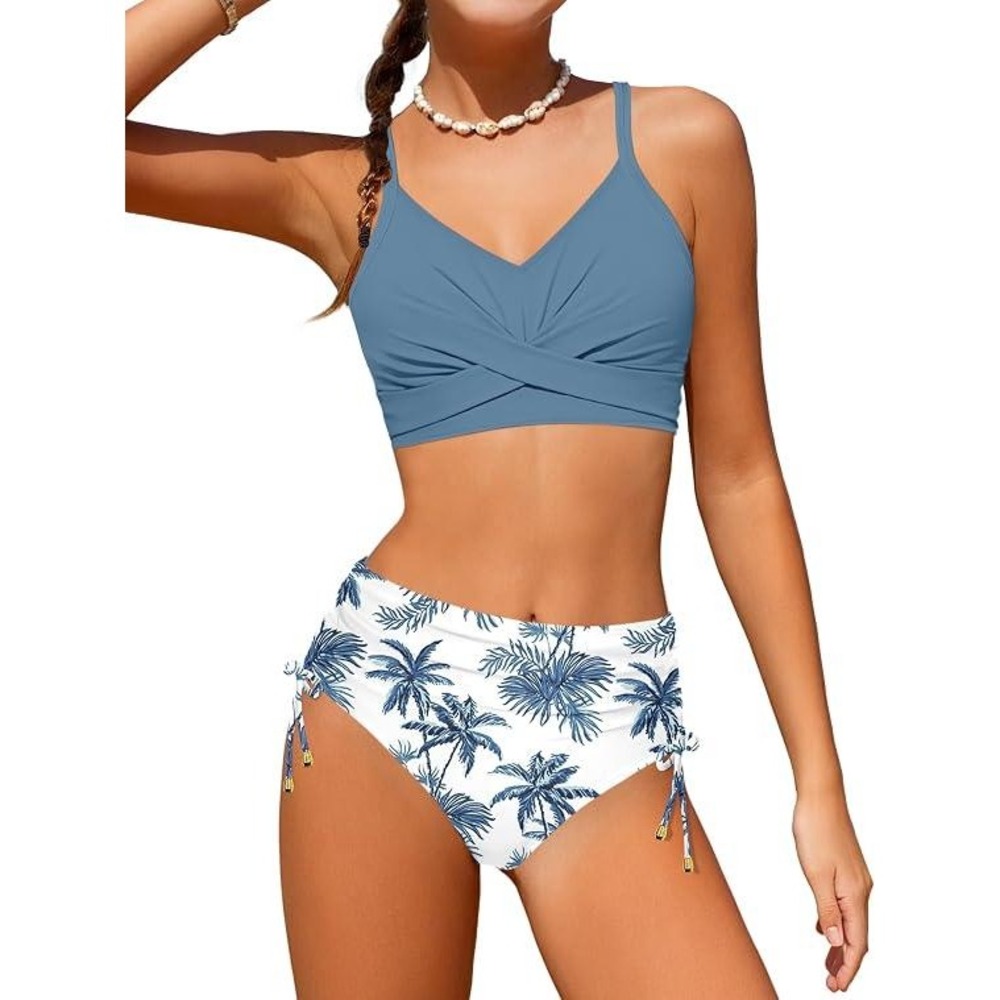Teen Girls V-Neck Bikini Set Palm Tree Two Piece Swimsuit Blue White 9-10Y